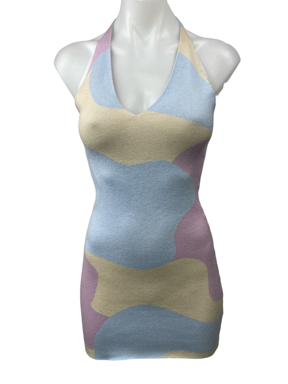 Peppermayo Multicolor Pastel Halter Sleeveless V Neck Mini Bodycon Dress Sz S/M
